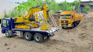 Xe Ô Tô Cứu Hộ Chở Máy Xúc, Xe Tải Chở Đầy Thùng Cát Vượt Sông Đường Bùn Lầy Lội, Dump Truck, Trucks