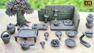 Miniature Clay House washroom making/how to make miniature kitchen set with clay☕️tree/charpai 