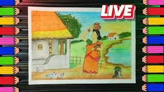 part -2 how to draw indian village life scenery||nature||pastel color live