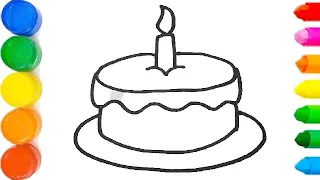Birthday cake easy drawing and coloring tutorial for kids
