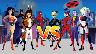 Ladybug, Cat Noir, Jarley Quinn y El Joker vs Volpina, Spiderman, La Mujer Maravilla y Batman BDR