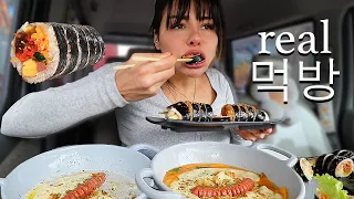 Real Mukbang Lots of Kimbap, Rosé Tteokbokki, Creamy Rice Cake, Fried Crispy Sides, ASMR, No Music