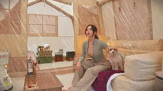 장박 시작날 부터 폭우🌧 | 아늑한 에어텐트에서 뜨끈한 곱창전골에 옥수수 막걸리 | 배추전과 연어오차즈케 만들어먹기