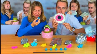 Looser eats sour blue candy and winner chooses and opens big secret sweet prize 🏆🤢😅