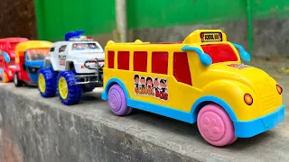 Satisfying Toy School Bus, Double Decker Bus, CNG Auto Rickshaw, City Bus Hand Driving On Outer Wall