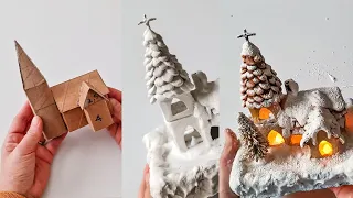 Snowy Miniature Church Using Tissue/ Toilet Paper Roll Tubes & Air Dry Clay