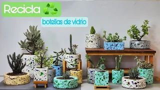 Como hacer MACETAS DE CEMENTO con VIDRIO ROTO ♻️