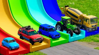 Flatbed Trailer Cars Transportation with Slide Color & Dice - Pothole vs Car vs Deep Water  - BeamNG