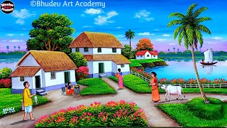 Beautiful Village Landscape Scenery Painting Tutorial|Village Scenery Painting With Earthwatercolor